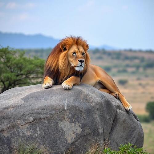 real Lion resting on a boulder in the savannah
