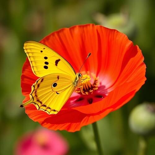 yellow butterfly guaf red poppy flower