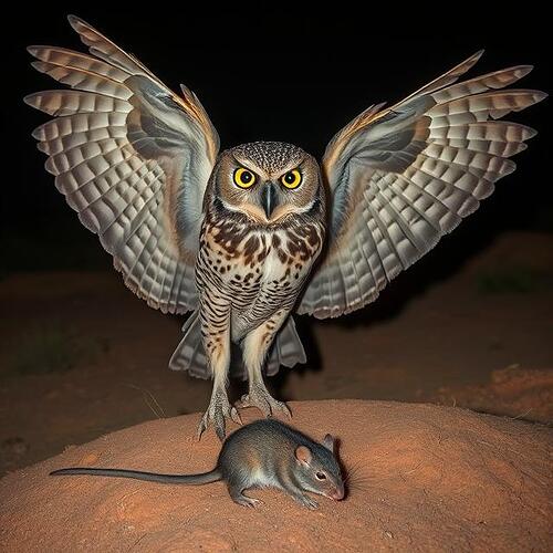 owl with spread wings and trapped mouse at night in the desert