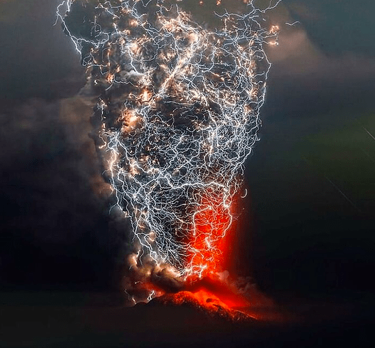 The spectacular phenomenon of a lightning tornado. And it is above an erupting volcano